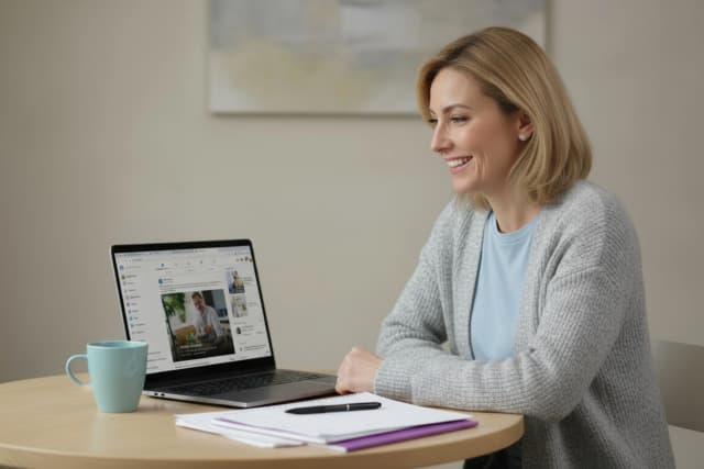 Professional woman smiling while reviewing Facebook feed on a laptop at a desk.