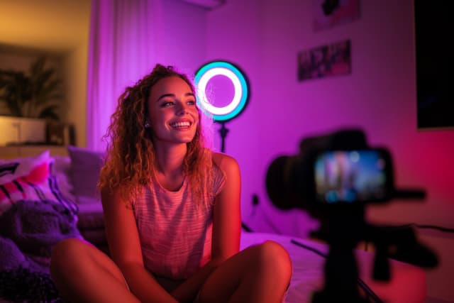 Content creator recording a video with a camera and ring light in a home studio.